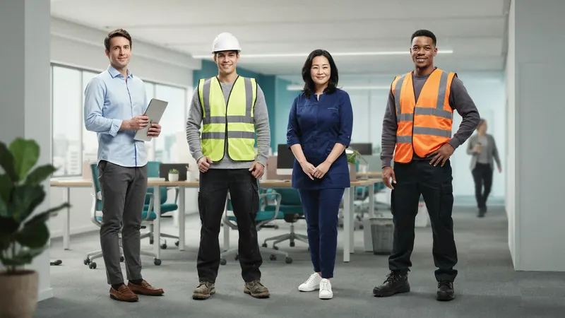 Four colleagues in an office: one in business clothes holding a tablet, a site worker in a hard hat and hi-vis, a carer in uniform and a warehouse worker in an orange vest
