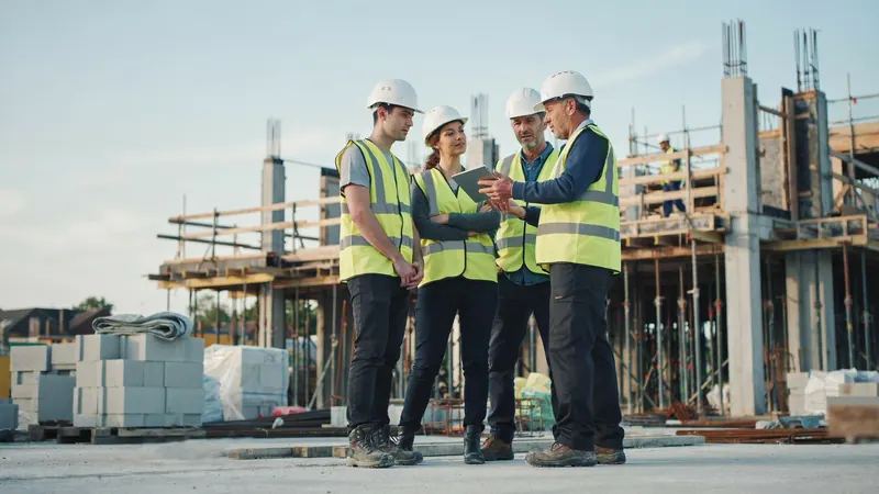 A supervisor briefing three colleagues in hard hats and hi-vis on a building site, using a tablet