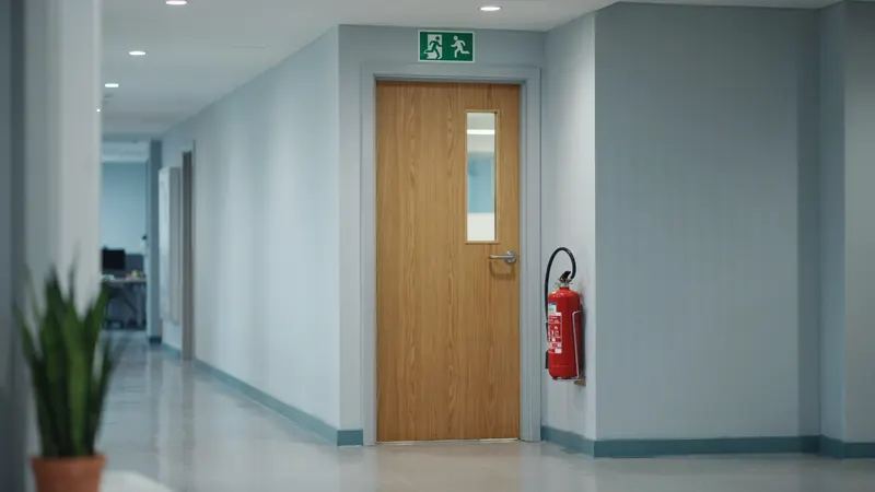 A fire door with a vision panel in an office corridor, a running-man fire exit sign above and an extinguisher on the wall beside it